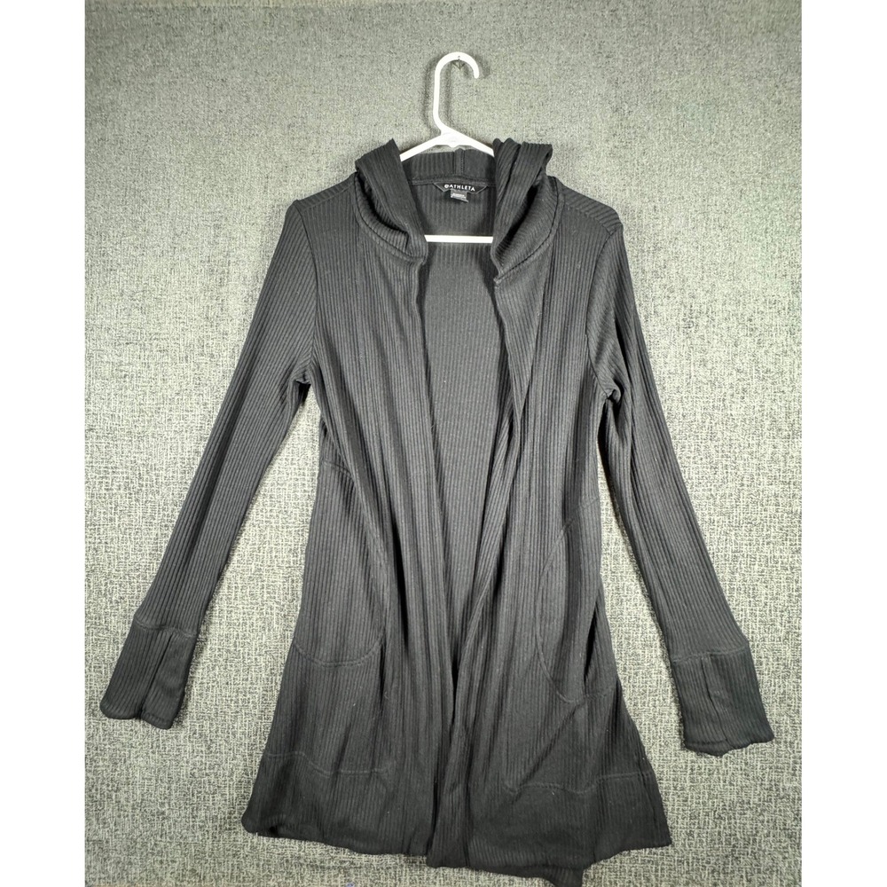 Athleta Ribbed Hooded Cardigan XS Black Longline Open Front Thumbhole Wrap